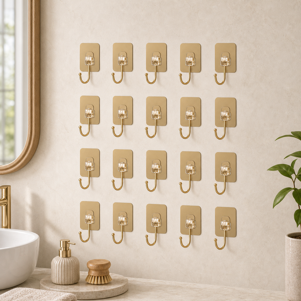 Cozy Haven Adhesive Wall Hooks - 20-Piece Set styled bathroom view 3 for Gold - 20-Piece Set
