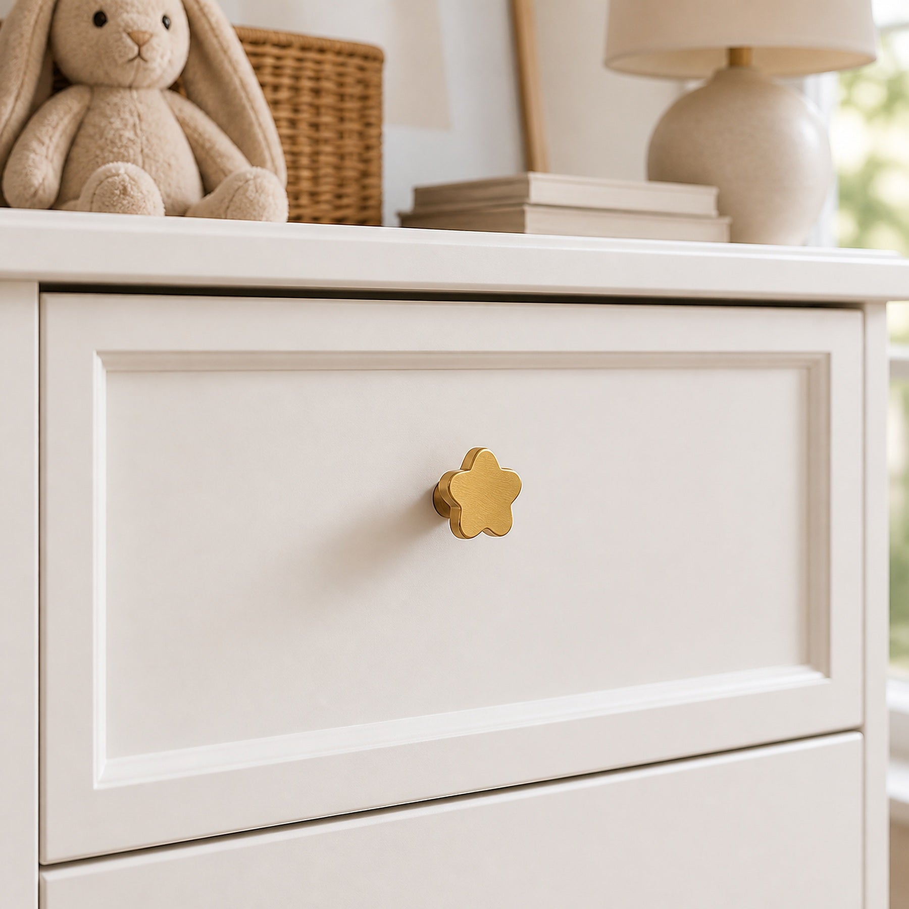 Cozy Haven Gold Flower Cabinet Knob installed on a cream drawer