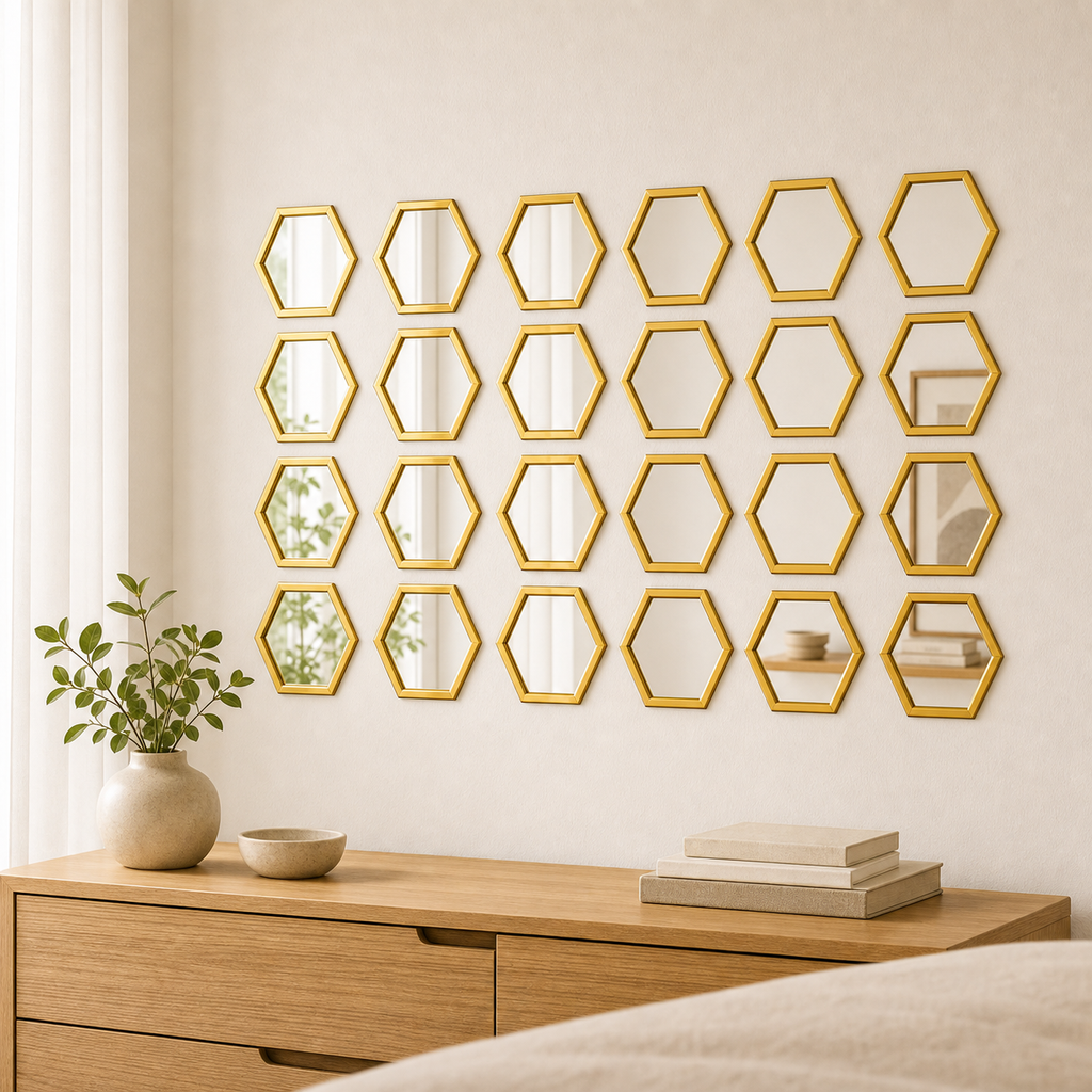 Cozy Haven 24-Piece Outline Hexagon Mirror Sticker Set - Gold - Small (160 x 140 x 80 mm), Gold - Large (200 x 173 x 100 mm)