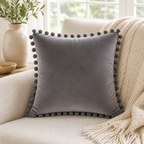 Cozy Haven Pom-Pom Velvet Pillow Cover - Warm Gray / 45 x 45 cm, Warm Gray / 40 x 40 cm