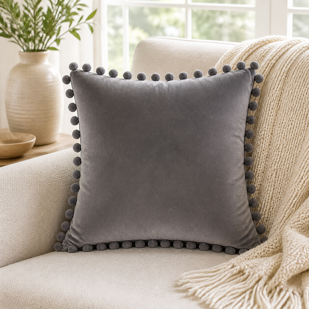 Cozy Haven Pom-Pom Velvet Pillow Cover - Warm Gray / 45 x 45 cm, Warm Gray / 40 x 40 cm
