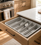 Cozy Haven Gray Cutlery Drawer Organizer styled kitchen view 2