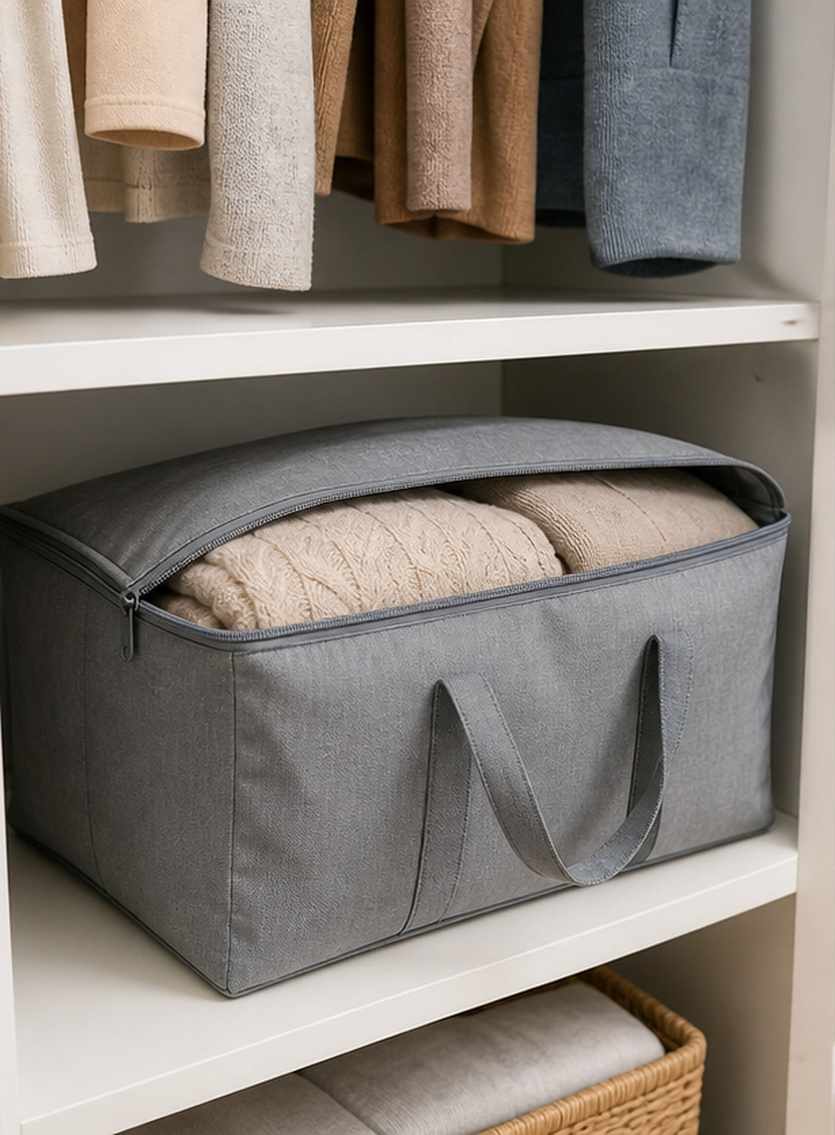 Cozy Haven Gray Fabric Storage Bag styled in a home setting