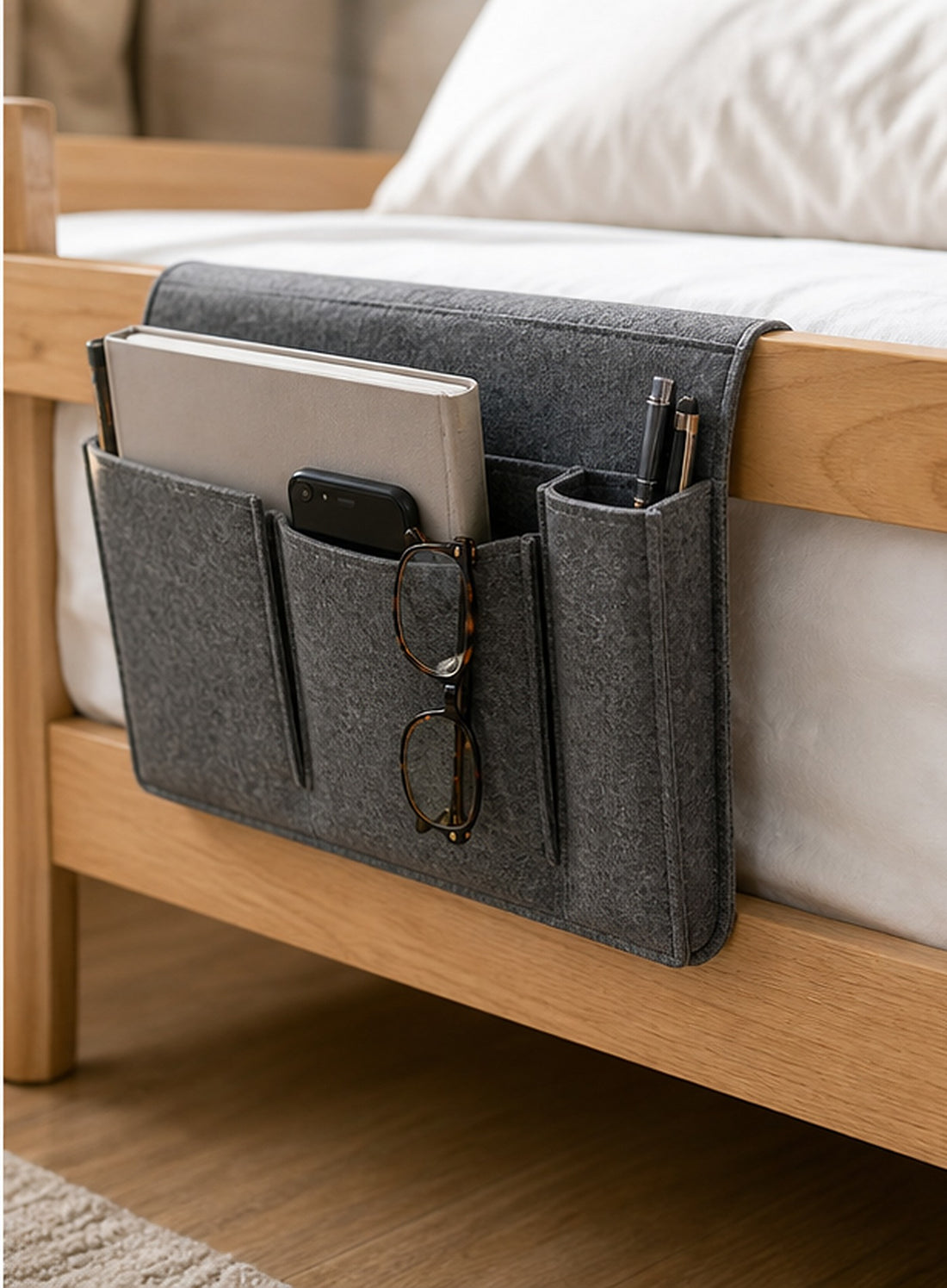 Dark Gray Felt Bedside Pocket Organizer