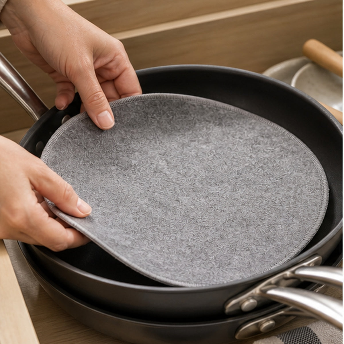 Cozy Haven Gray Pan Protector Pads styled in a home setting