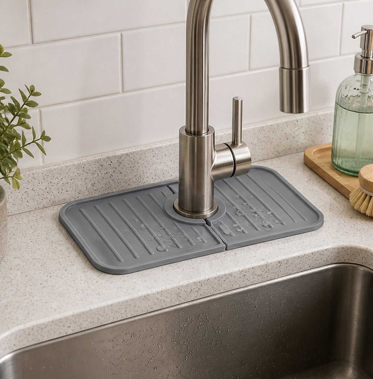 Cozy Haven Gray Silicone Faucet Drip Mat styled in a home setting