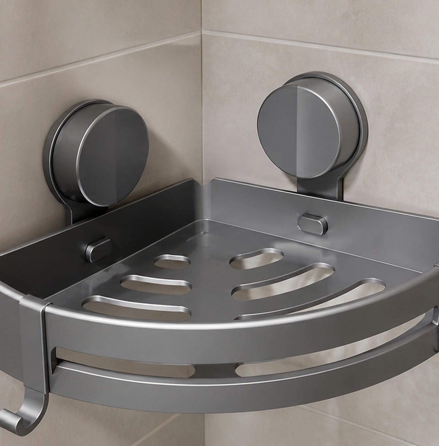 Cozy Haven Gray Suction Corner Bath Shelf lifestyle image 2