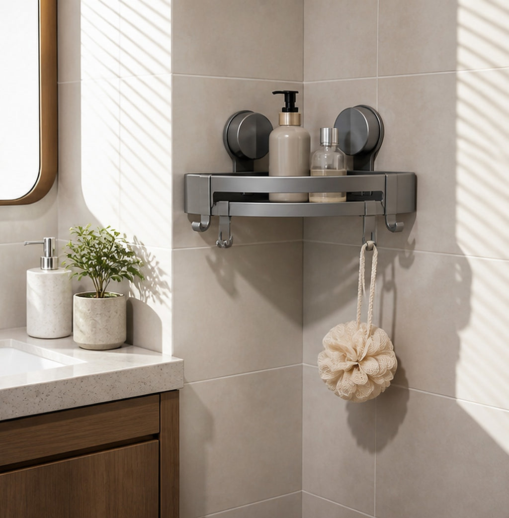 Cozy Haven Gray Suction Corner Bath Shelf lifestyle image 3