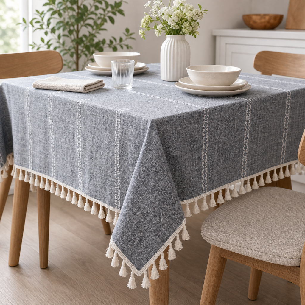 Cozy Haven Grayish Blue Tassel Tablecloth - 90 x 90 cm - Grayish Blue - 90 x 90 cm