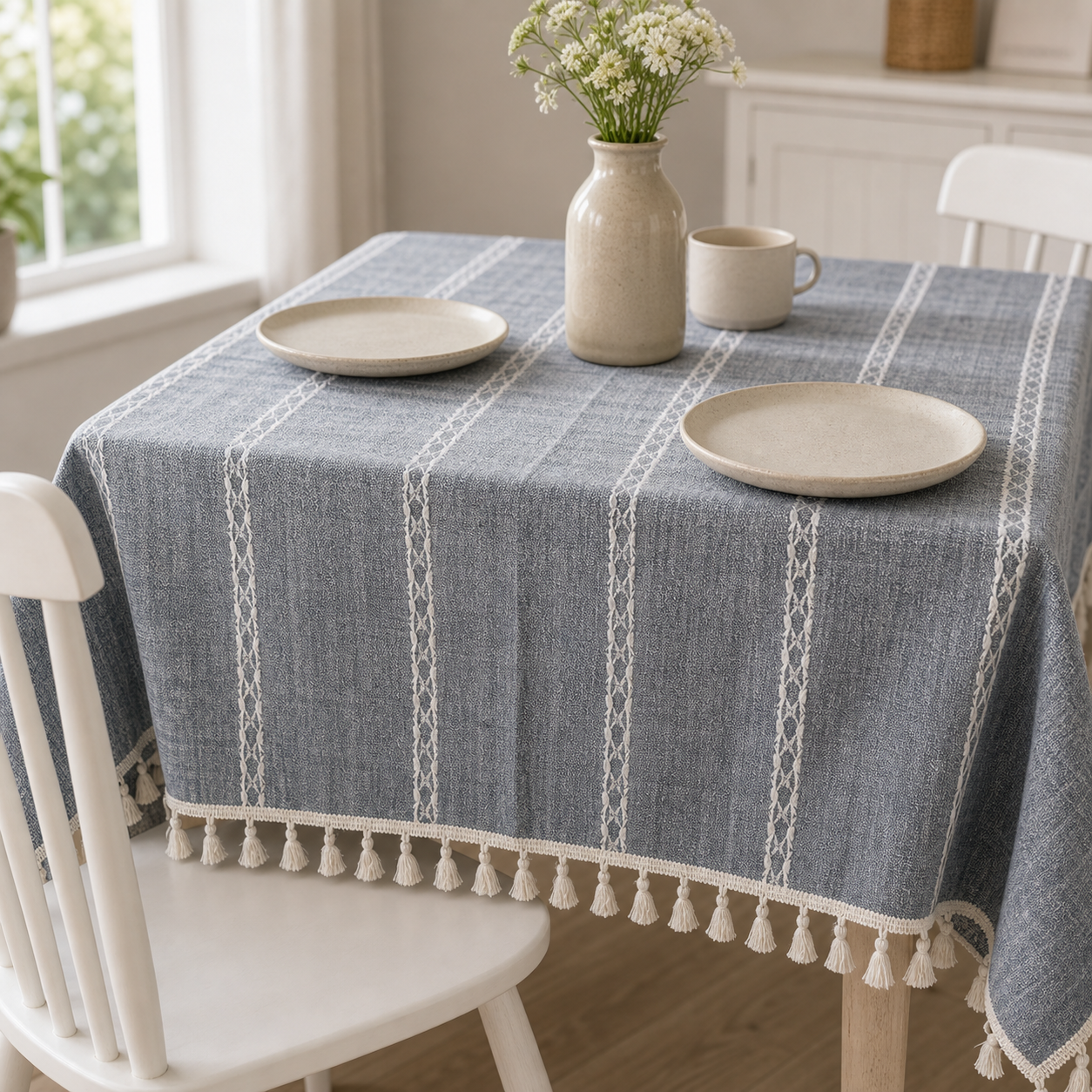 Cozy Haven Grayish Blue Tassel Tablecloth - 90 x 90 cm lifestyle image 2