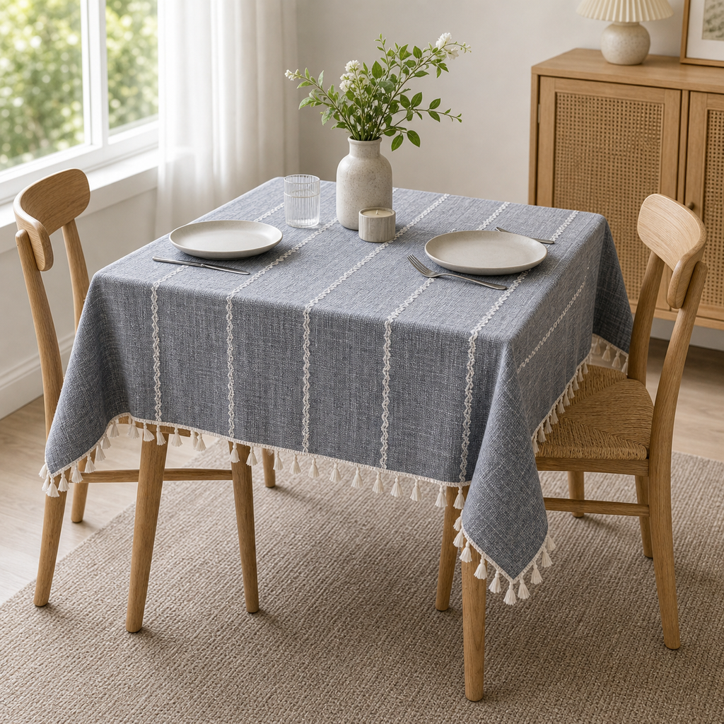 Cozy Haven Grayish Blue Tassel Tablecloth - 90 x 90 cm lifestyle image 3