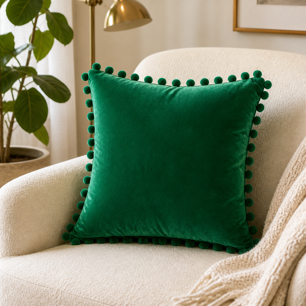 Cozy Haven Pom-Pom Velvet Pillow Cover - Emerald Green / 45 x 45 cm, Emerald Green / 40 x 40 cm