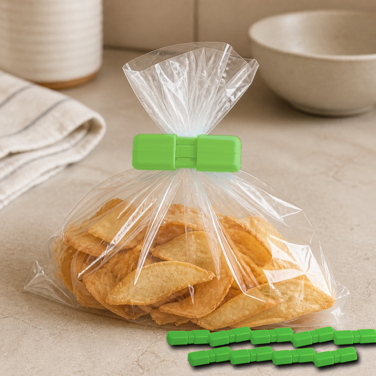 Cozy Haven Food Bag Sealing Clips - Green - 10 Piece Set exact pack count on kitchen counter