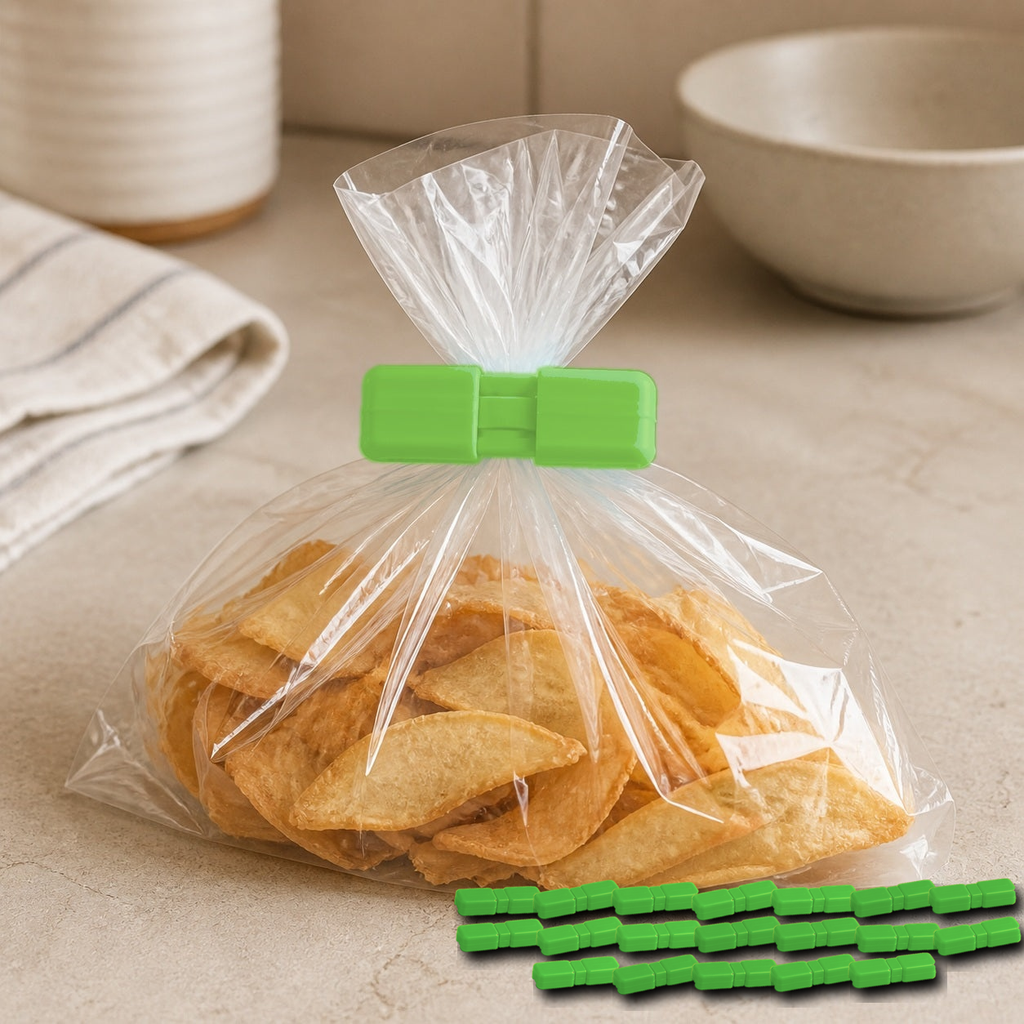 Cozy Haven Food Bag Sealing Clips - Green - 20 Piece Set exact pack count on kitchen counter