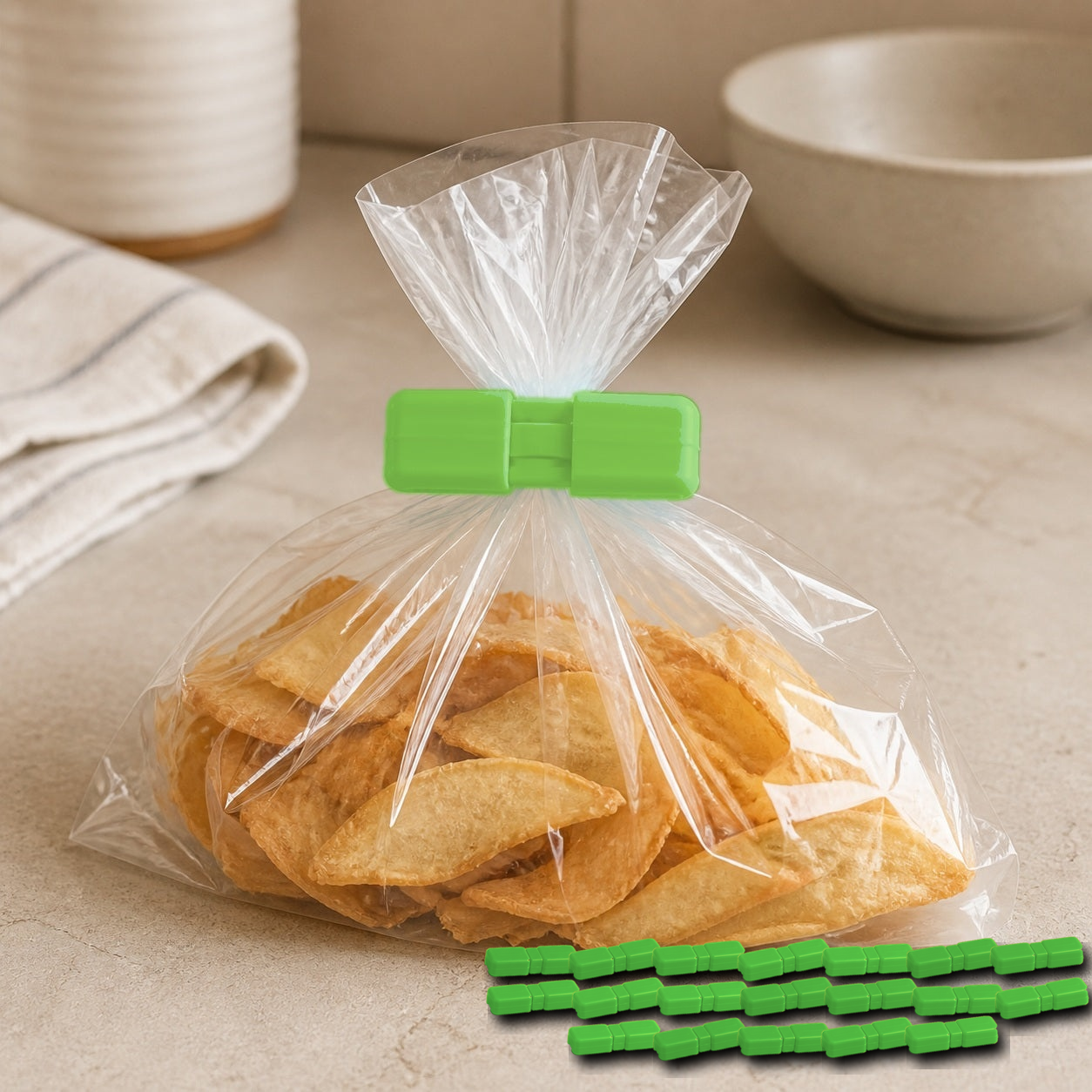 Cozy Haven Food Bag Sealing Clips - Green - 20 Piece Set exact pack count on kitchen counter