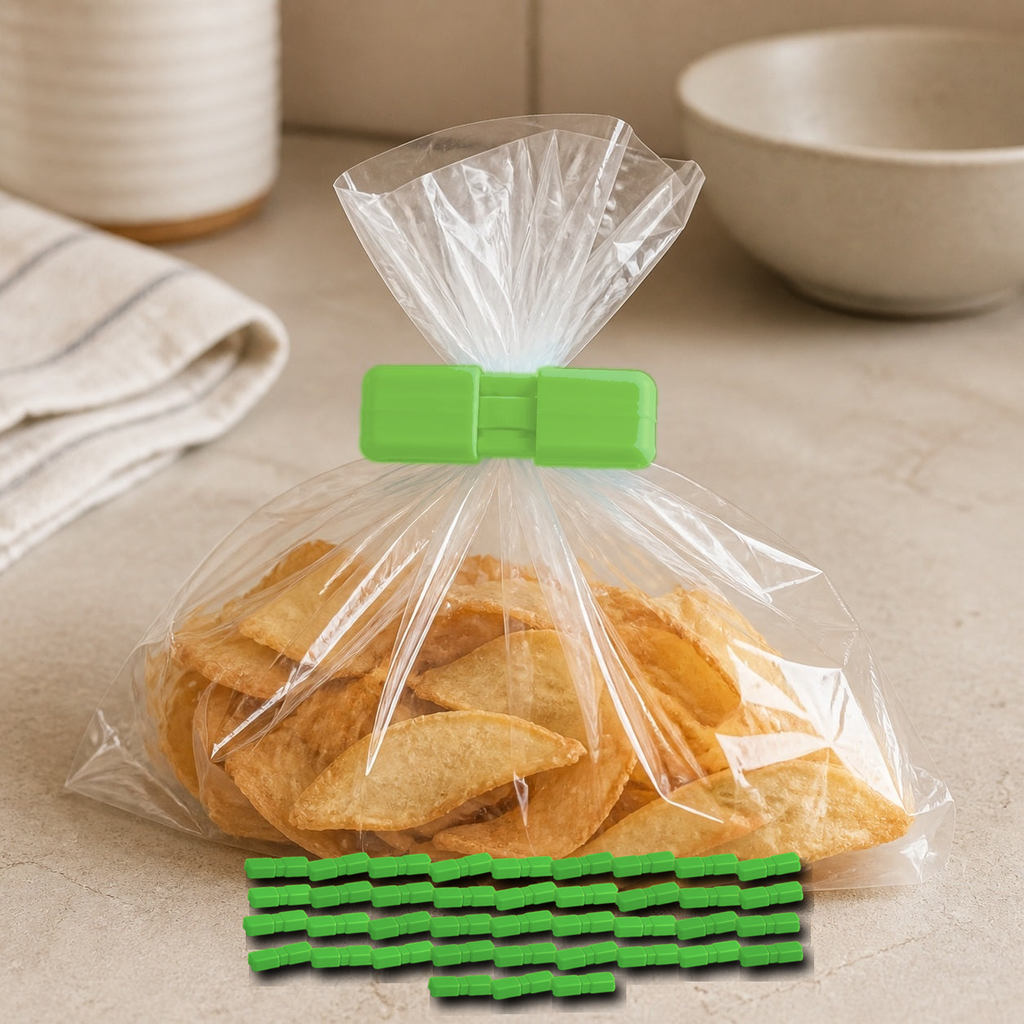 Cozy Haven Food Bag Sealing Clips - Green - 40 Piece Set exact pack count on kitchen counter