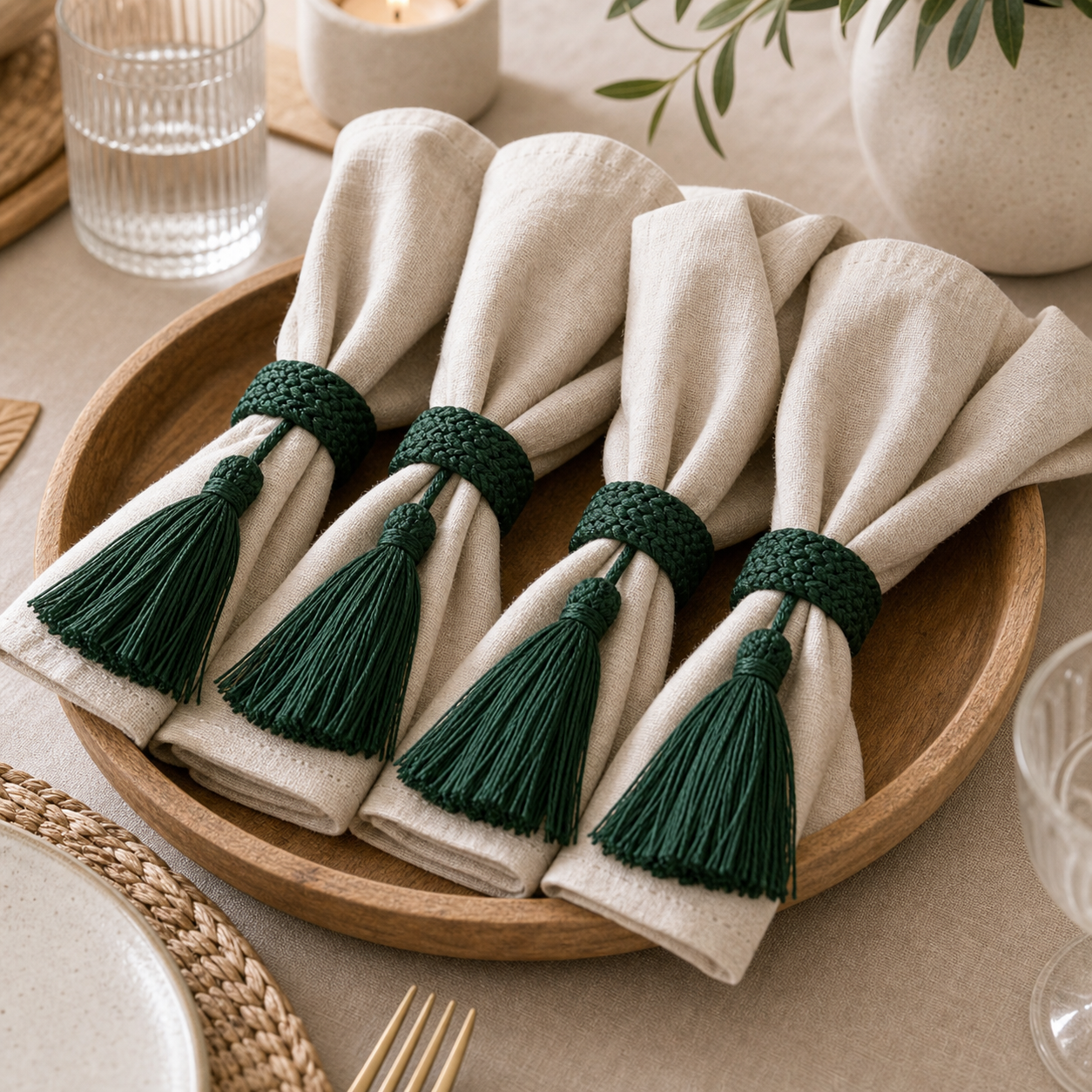 Cozy Haven Tassel Napkin Rings - 4 Piece Set - blackish green tassel napkin rings 4-piece set