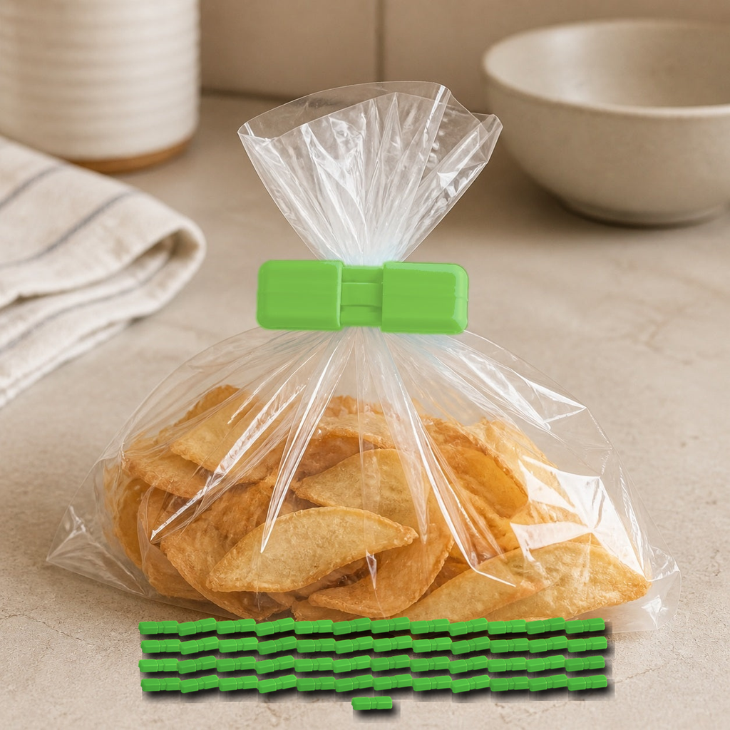 Cozy Haven Food Bag Sealing Clips - Green - 50 Piece Set exact pack count on kitchen counter