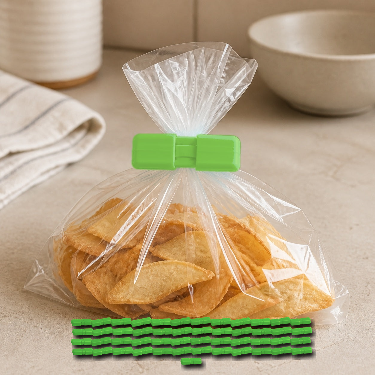 Cozy Haven Food Bag Sealing Clips - Green - 50 Piece Set exact pack count on kitchen counter