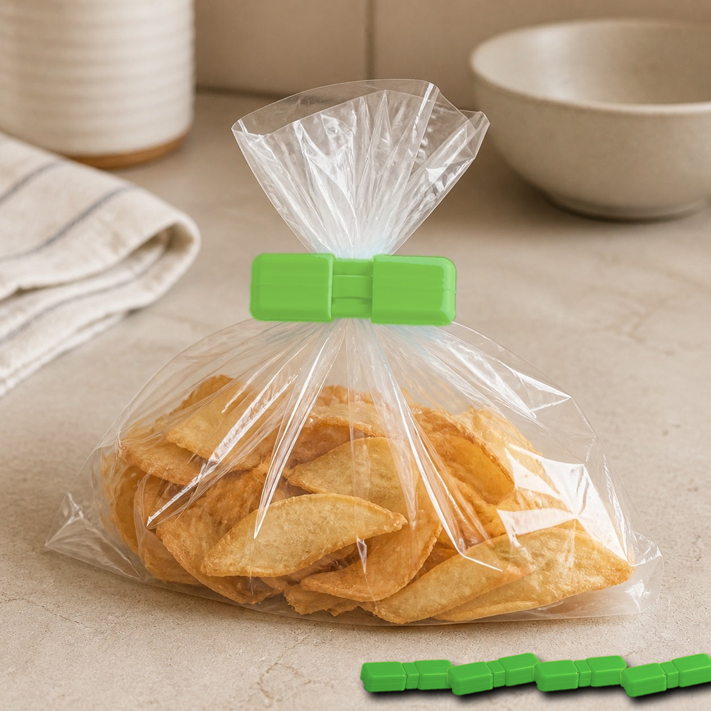 Cozy Haven Food Bag Sealing Clips - Green - 5 Piece Set exact pack count on kitchen counter