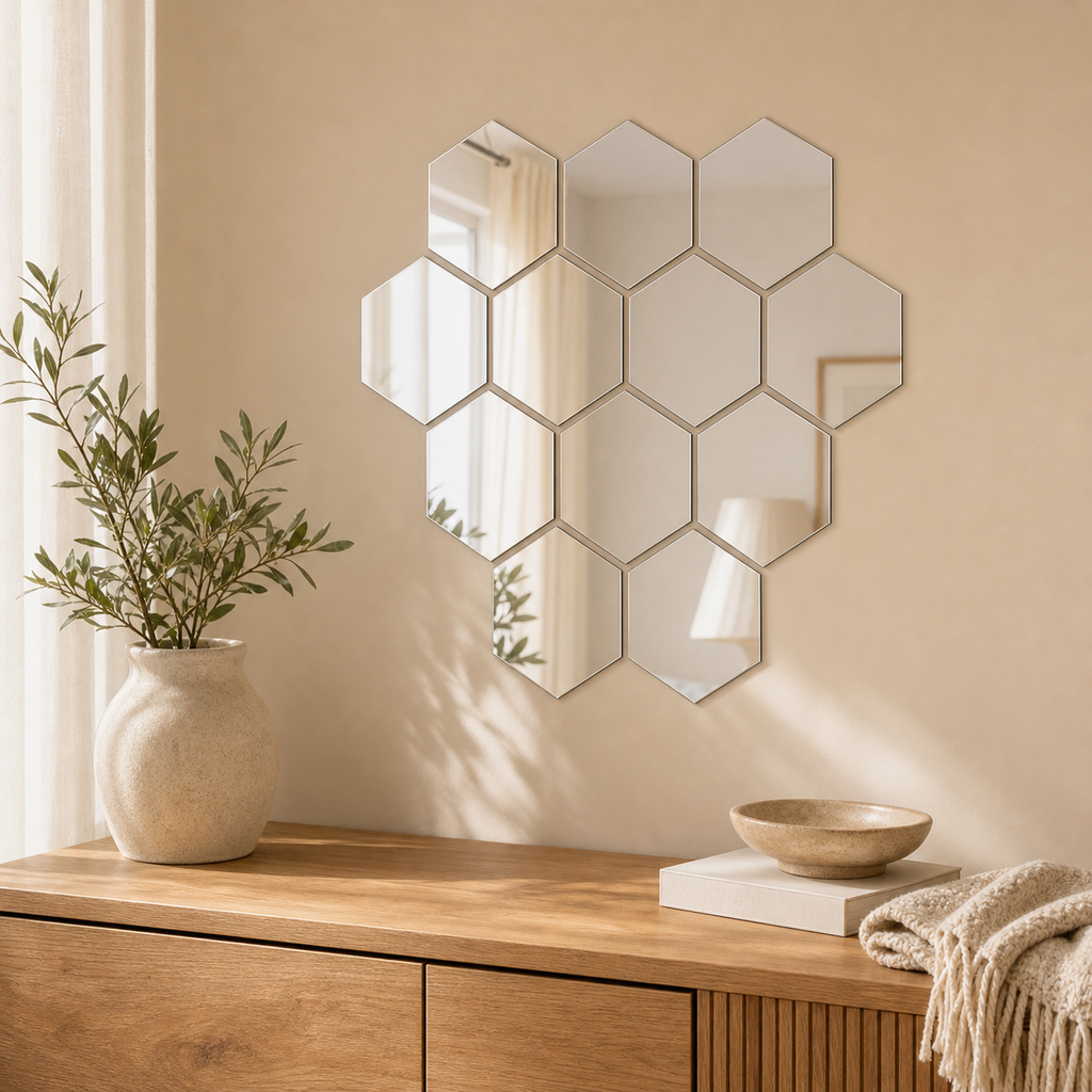 Cozy Haven 12-Pack Solid Hexagon Mirror Wall Sticker Set styled above a console