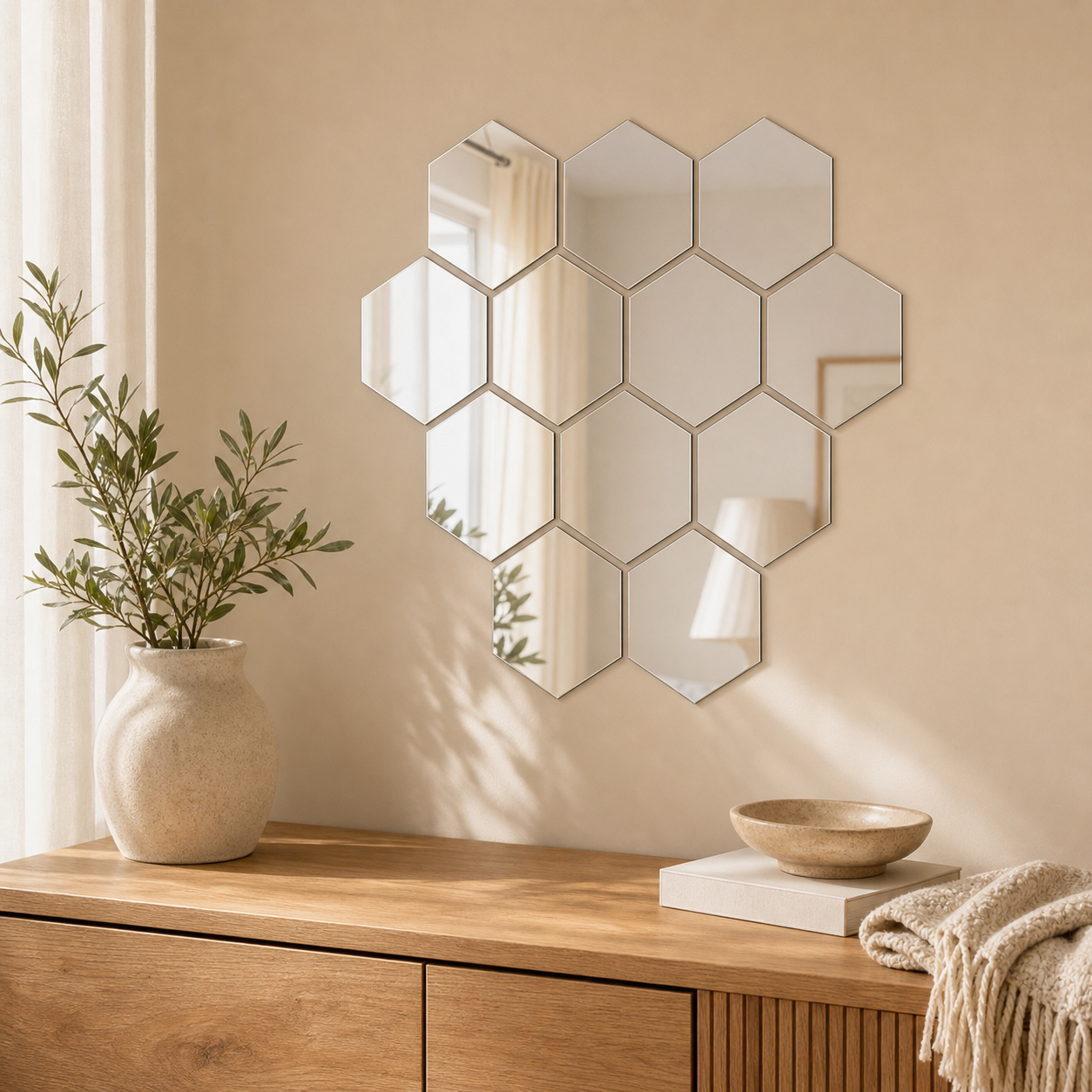 Cozy Haven 12-Pack Solid Hexagon Mirror Wall Sticker Set styled above a console