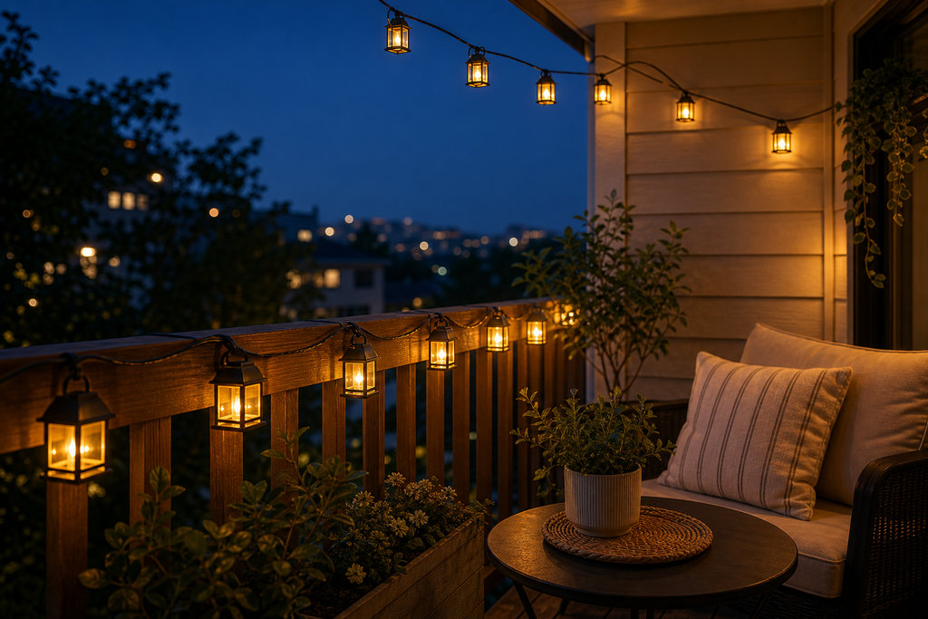 Cozy Haven Lantern Solar String Lights - Lantern Solar String Lights - supplemental balcony railing scene