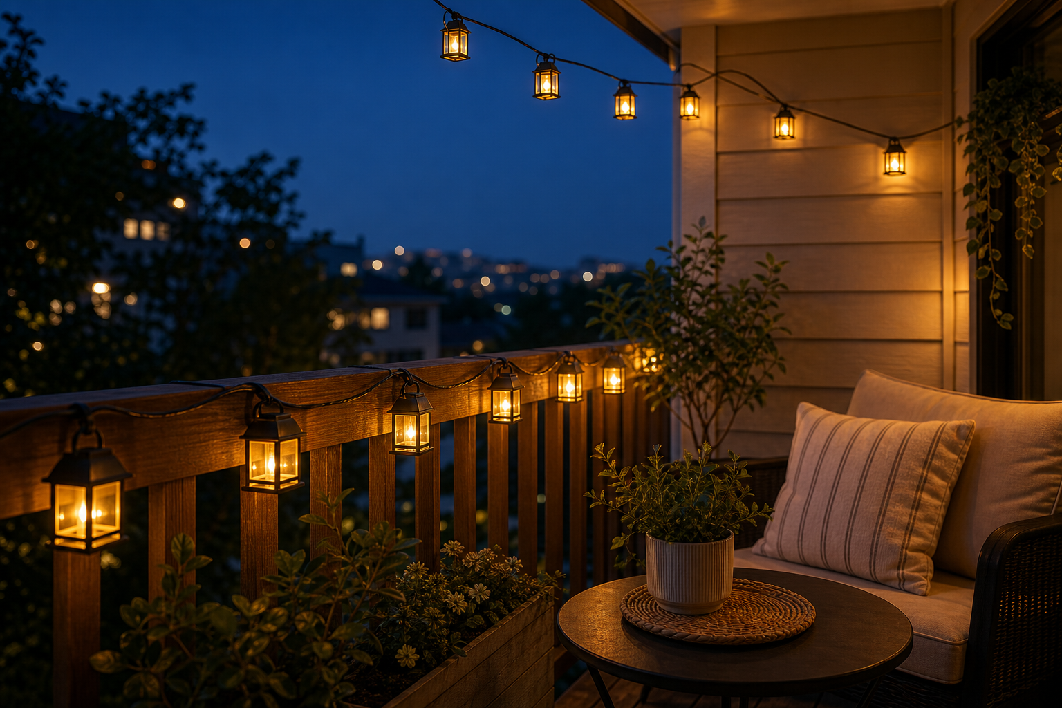 Cozy Haven Lantern Solar String Lights - Lantern Solar String Lights - supplemental balcony railing scene
