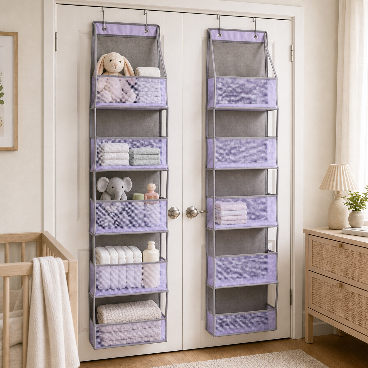 Cozy Haven Over-Door Nursery Pocket Organizer - lavender five-pocket over-door nursery organizer two-pack