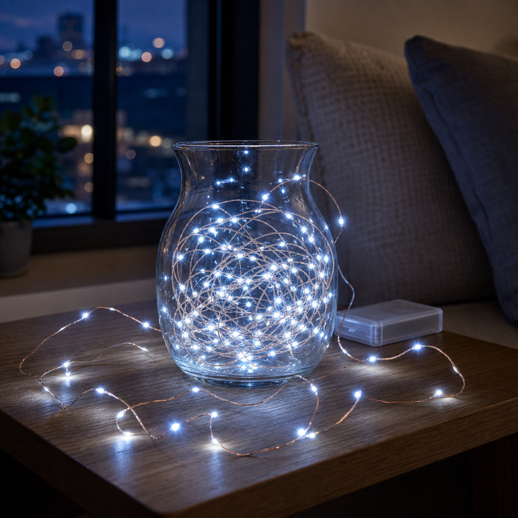 Cozy Haven LED Fairy String Lights 33ft Copper Wire - 100 LED Waterproof Battery Operated Decorative Lights - Bedroom - led-fairy-string-lights_approved_02_cool-white-glass-vase