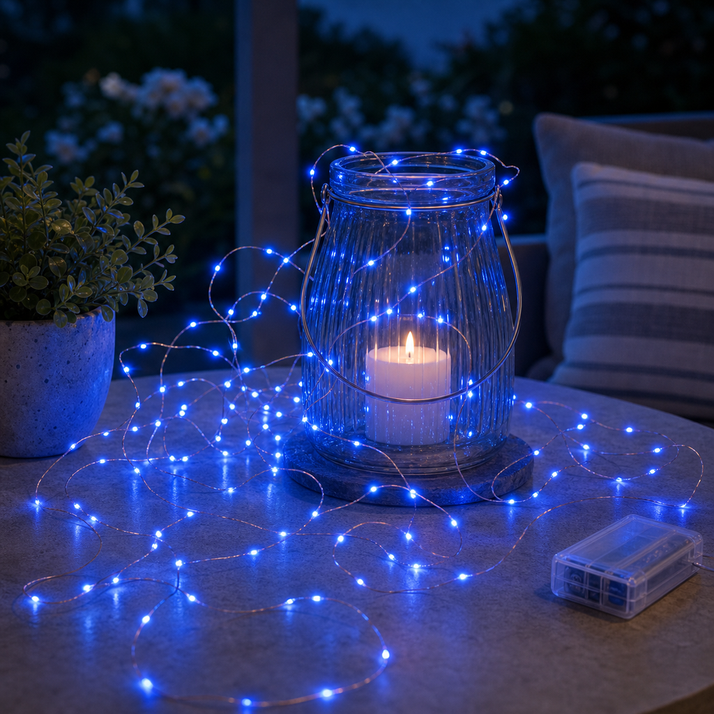 Cozy Haven LED Fairy String Lights 33ft Copper Wire - 100 LED Waterproof Battery Operated Decorative Lights - Bedroom - led-fairy-string-lights_approved_03_blue-patio-lantern