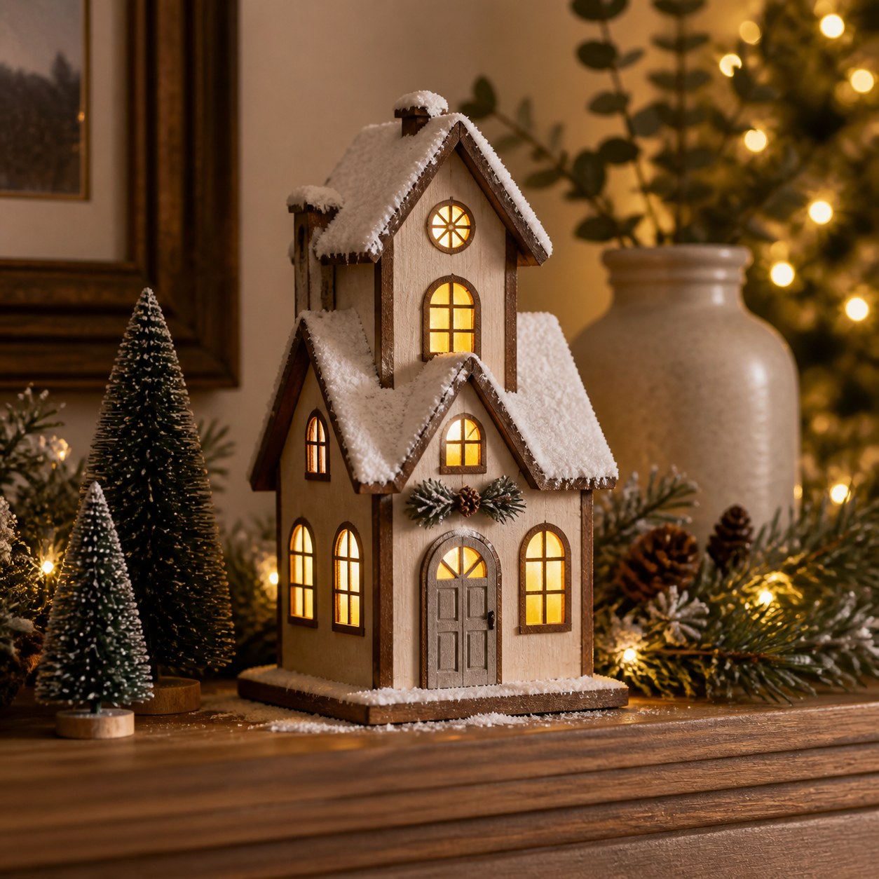 Cozy Haven LED Wooden Christmas Village Houses lifestyle image 3 for Tall Snowy House