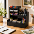 Cozy Haven Wooden Desktop Organizer with Drawer - Black wooden desktop organizer with drawer in a home office lifestyle scene