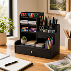 Cozy Haven Wooden Desktop Organizer with Drawer - Black wooden desktop organizer with drawer in a home office lifestyle scene