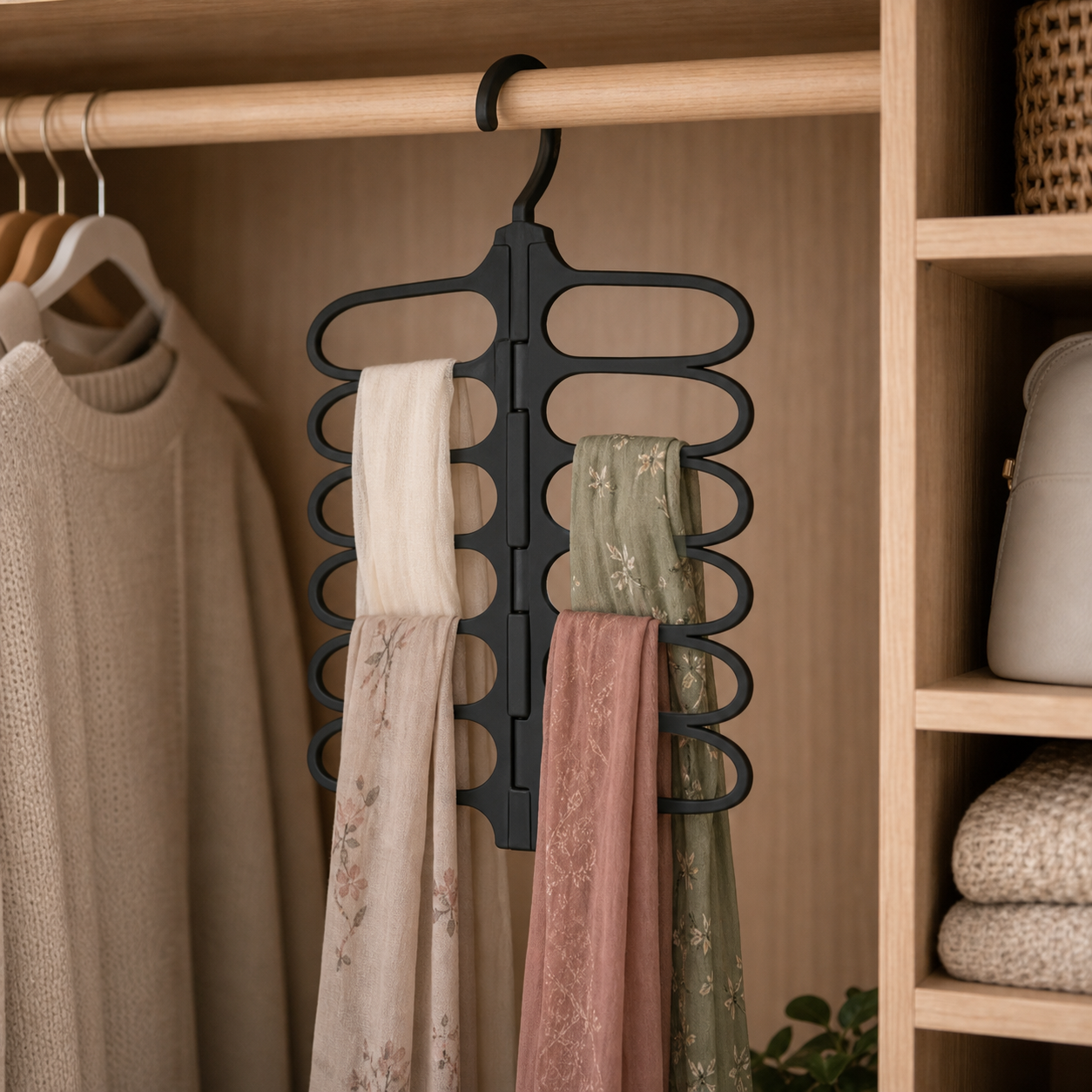 Cozy Haven Folding Scarf Hanger Organizer - Black folding scarf hanger organizer hanging in a closet lifestyle scene