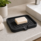 Cozy Haven Self-Draining Silicone Soap Tray - Black Large self-draining silicone soap tray beside a sink lifestyle scene