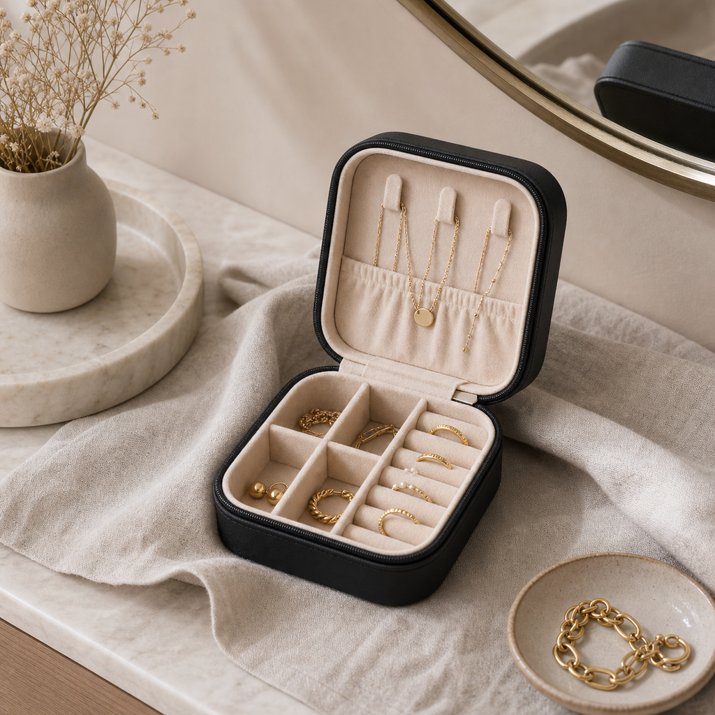 Cozy Haven Travel Jewelry Organizer - Black travel jewelry organizer open on a vanity lifestyle scene