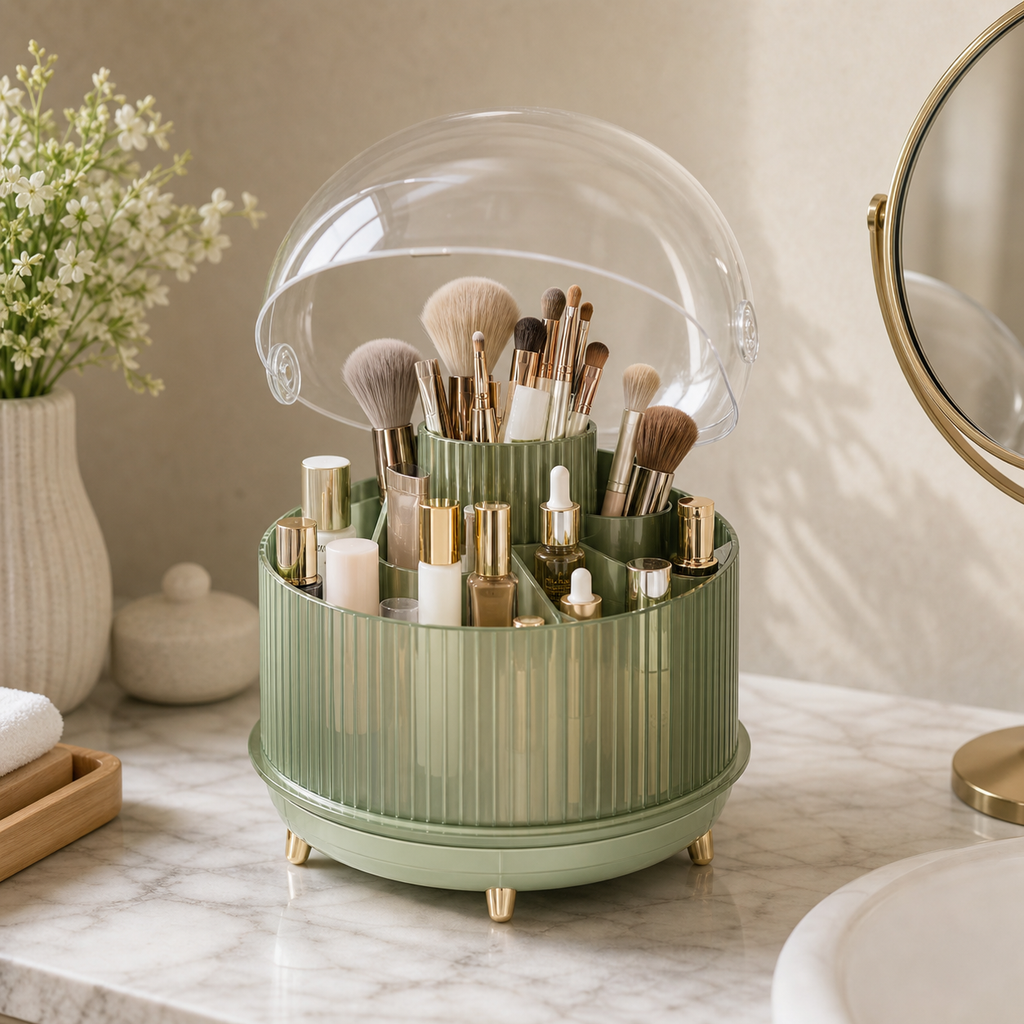 Cozy Haven Clear-Dome Rotating Makeup Organizer - Green clear-dome rotating makeup organizer on a vanity lifestyle scene