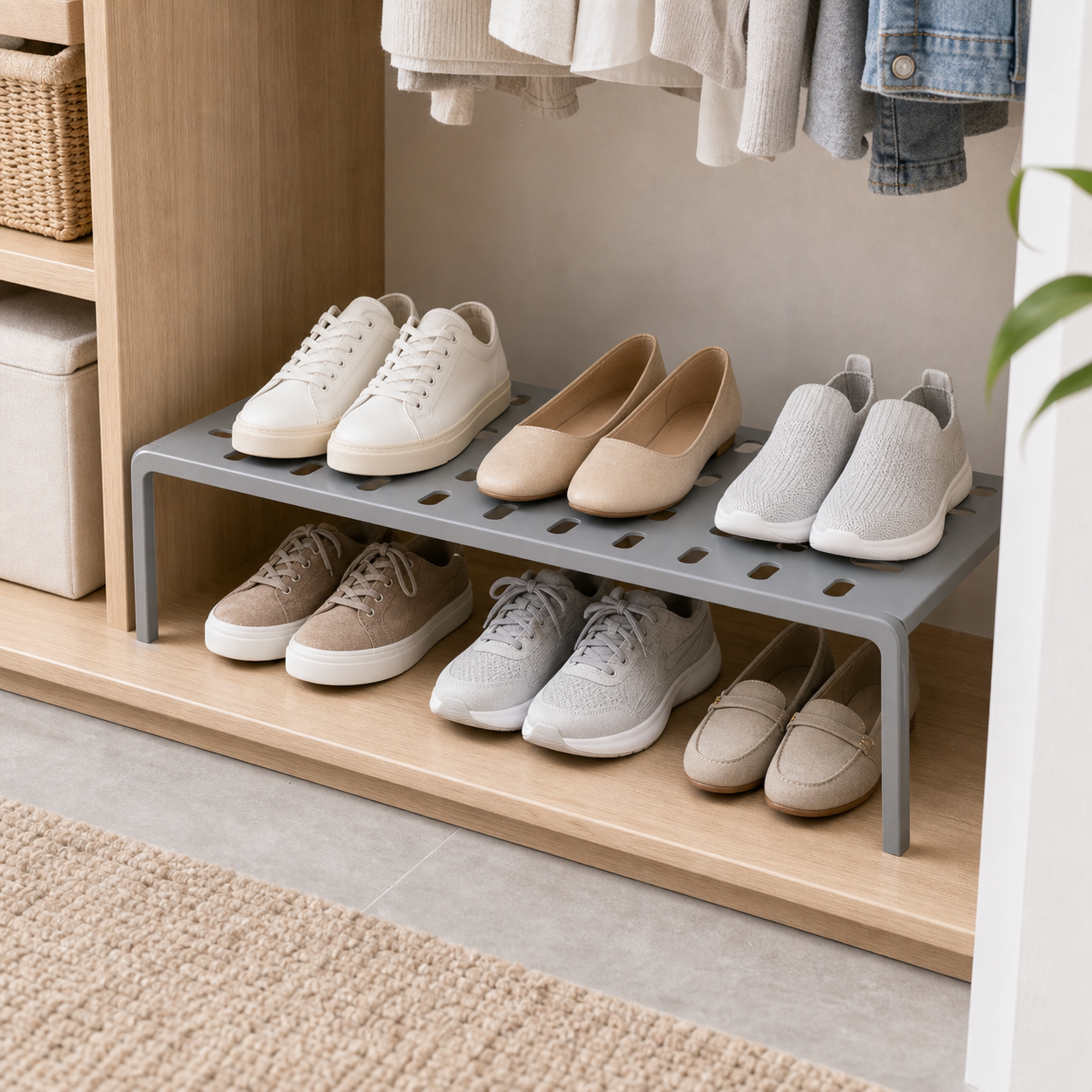 Cozy Haven Stackable Shoe Shelf Organizer - Grey stackable shoe shelf organizer in a closet lifestyle scene