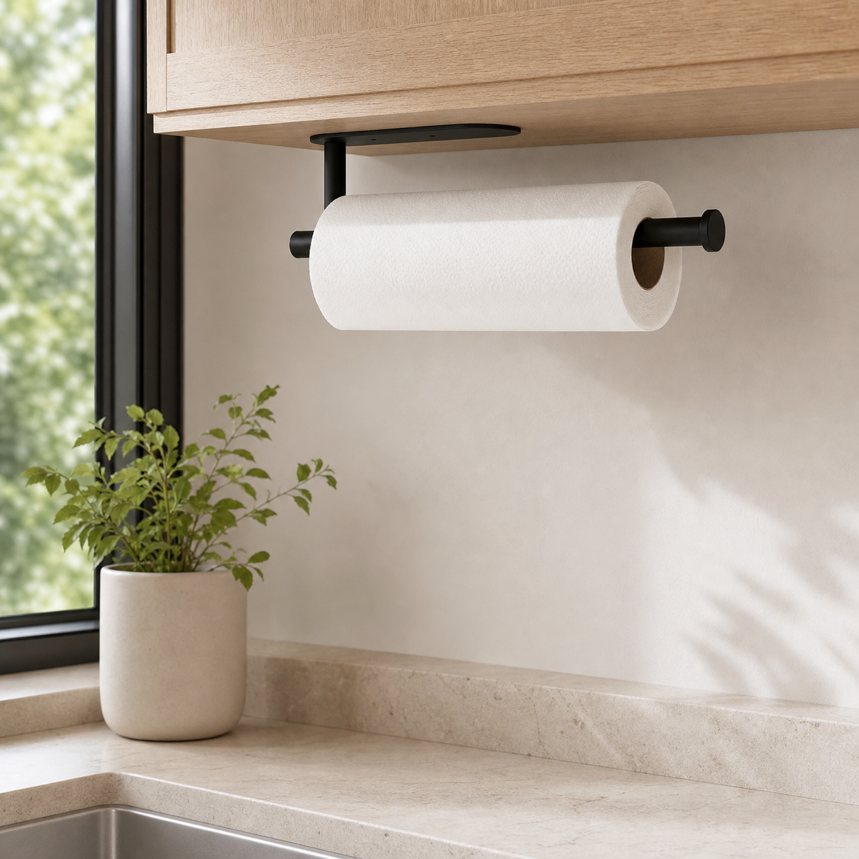 Cozy Haven Adhesive Paper Roll Holder - Kitchen Paper Holder adhesive paper roll holder in a warm kitchen lifestyle scene