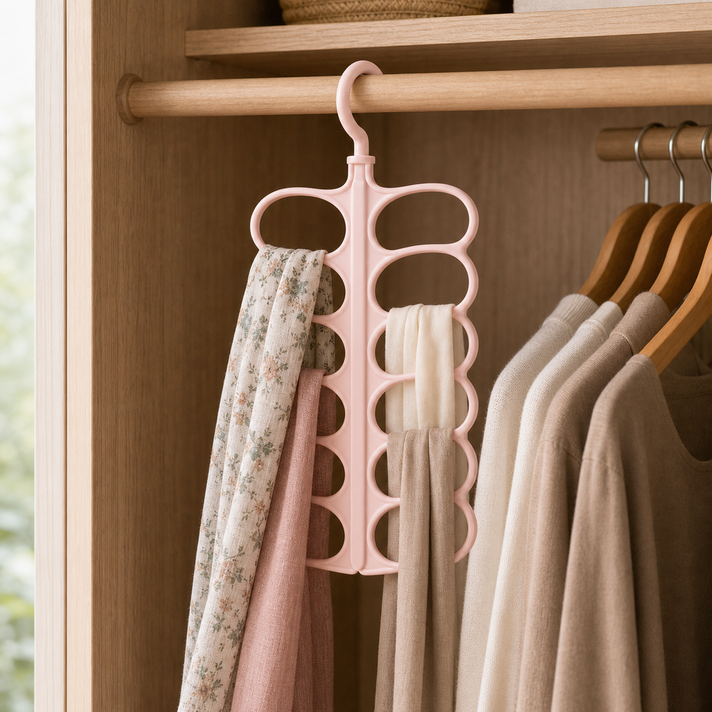 Cozy Haven Folding Scarf Hanger Organizer - Pink folding scarf hanger organizer hanging in a closet lifestyle scene