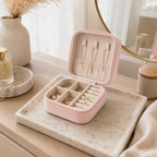 Cozy Haven Pink Travel Jewelry Organizer open on vanity