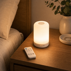 Cozy Haven Cylinder LED Bedside Night Light - Remote Control cylinder LED bedside night light glowing on a nightstand lifestyle scene