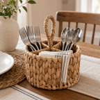 Cozy Haven Water Hyacinth Flatware Storage Basket holding flatware and napkins