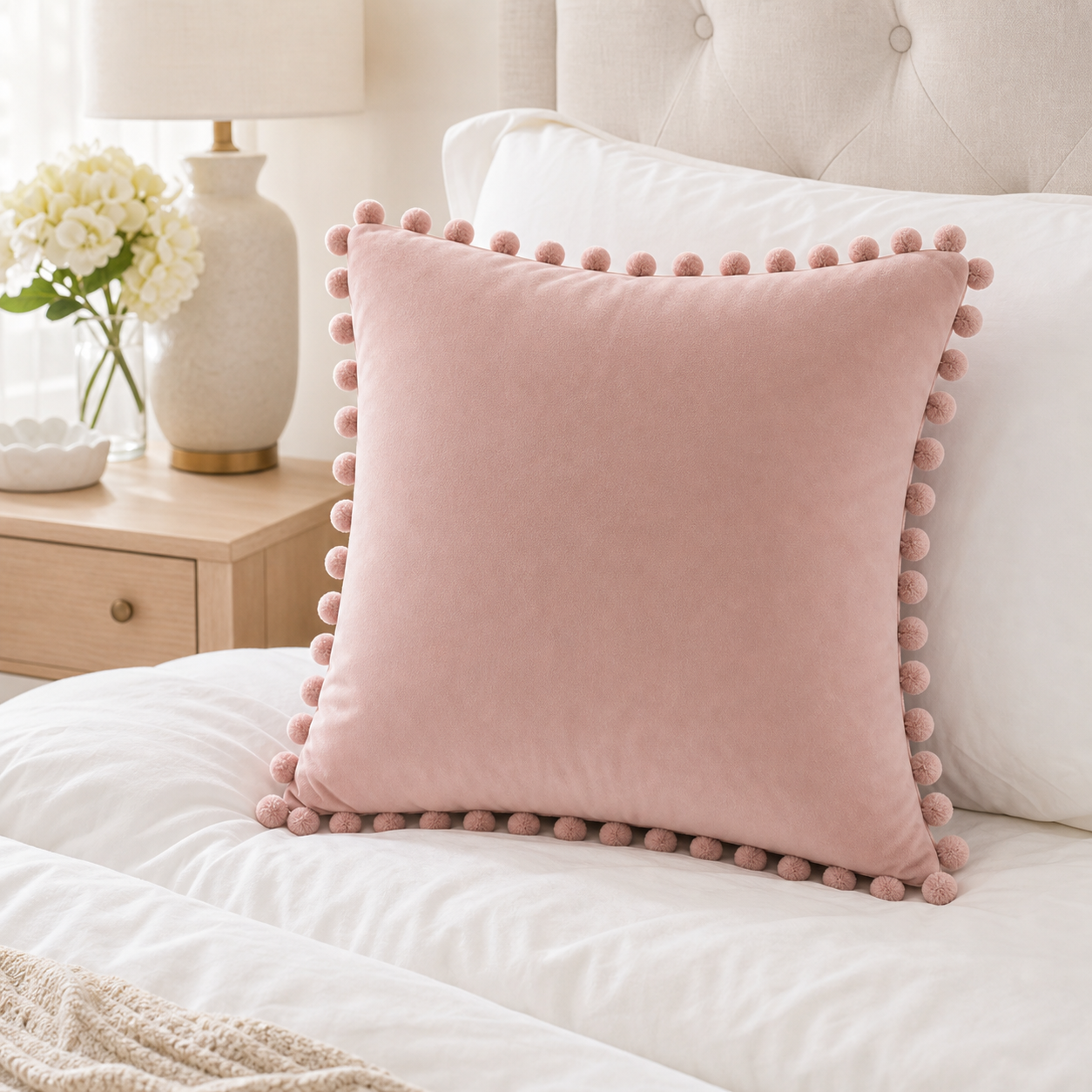 Cozy Haven Pom-Pom Velvet Pillow Cover - Blush Pink / 45 x 45 cm, Blush Pink / 40 x 40 cm