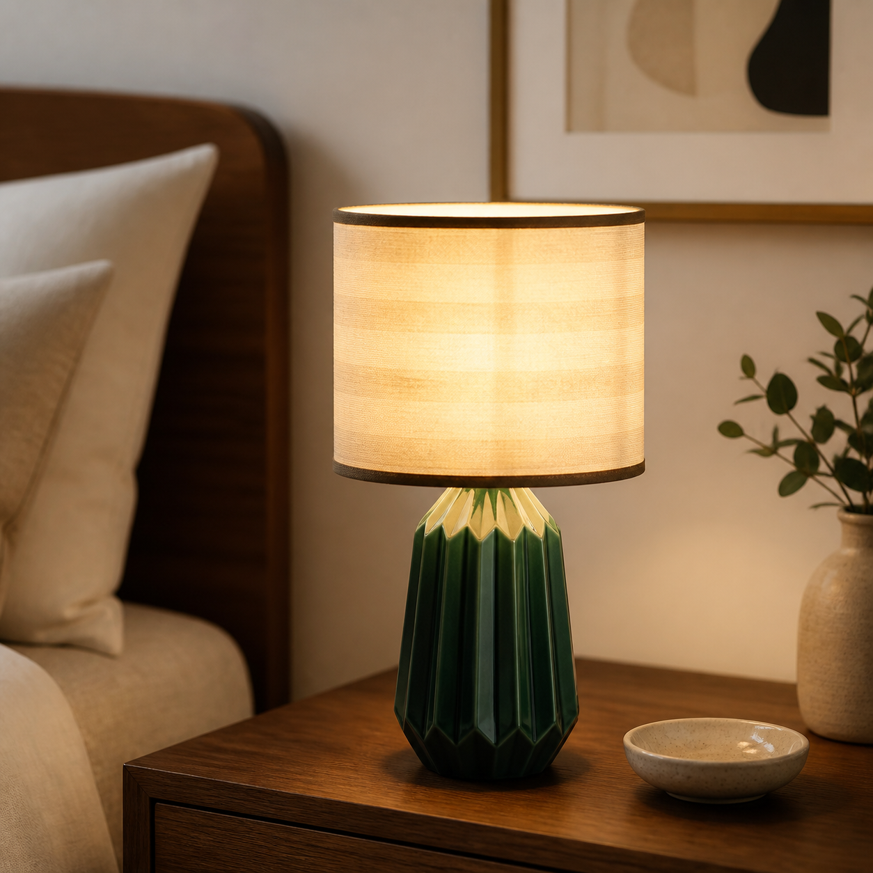 Cozy Haven Linen Pleated Bedside Table Lamp - Green Linen