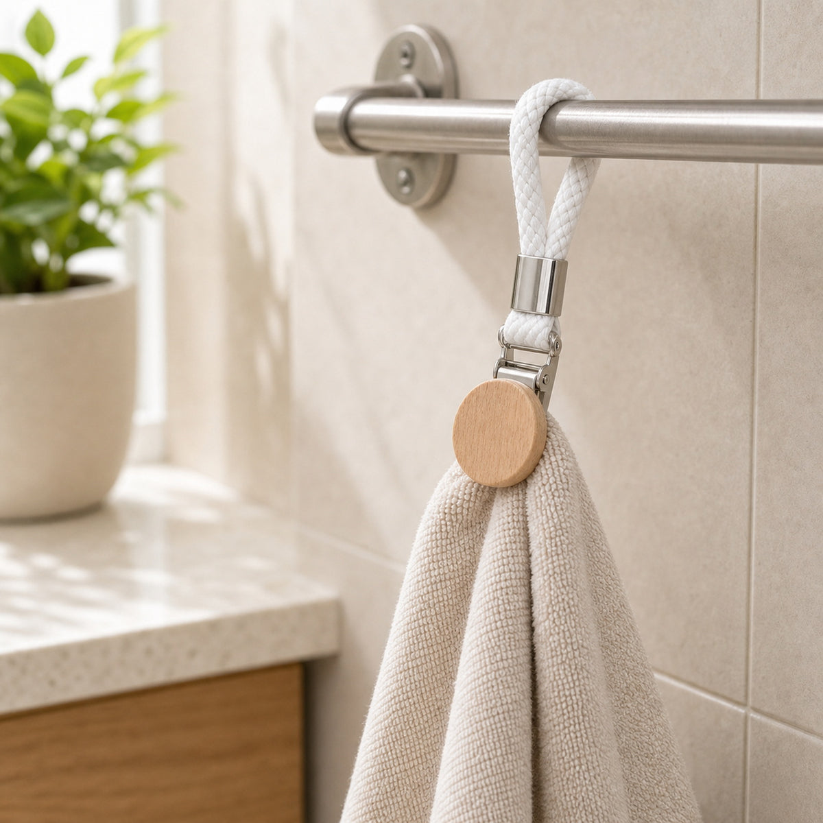 Cozy Haven Loop Towel Clip Holder styled in a home setting