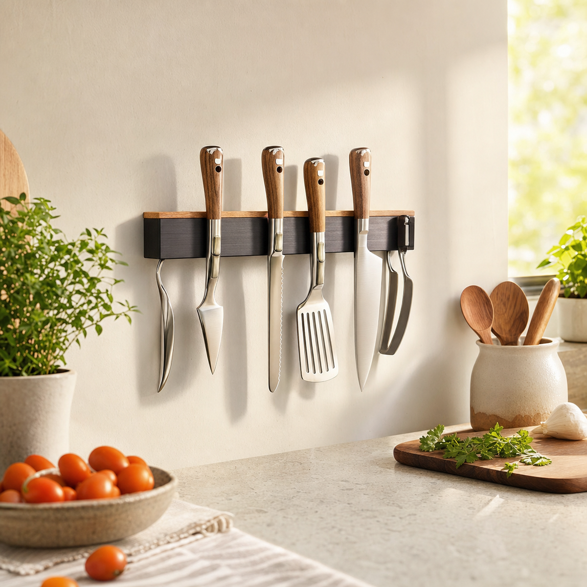 Cozy Haven Black Magnetic Knife Holder Strip styled in a home setting