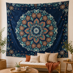 Cozy Haven Navy Floral Mandala Tapestry - living room wall view
