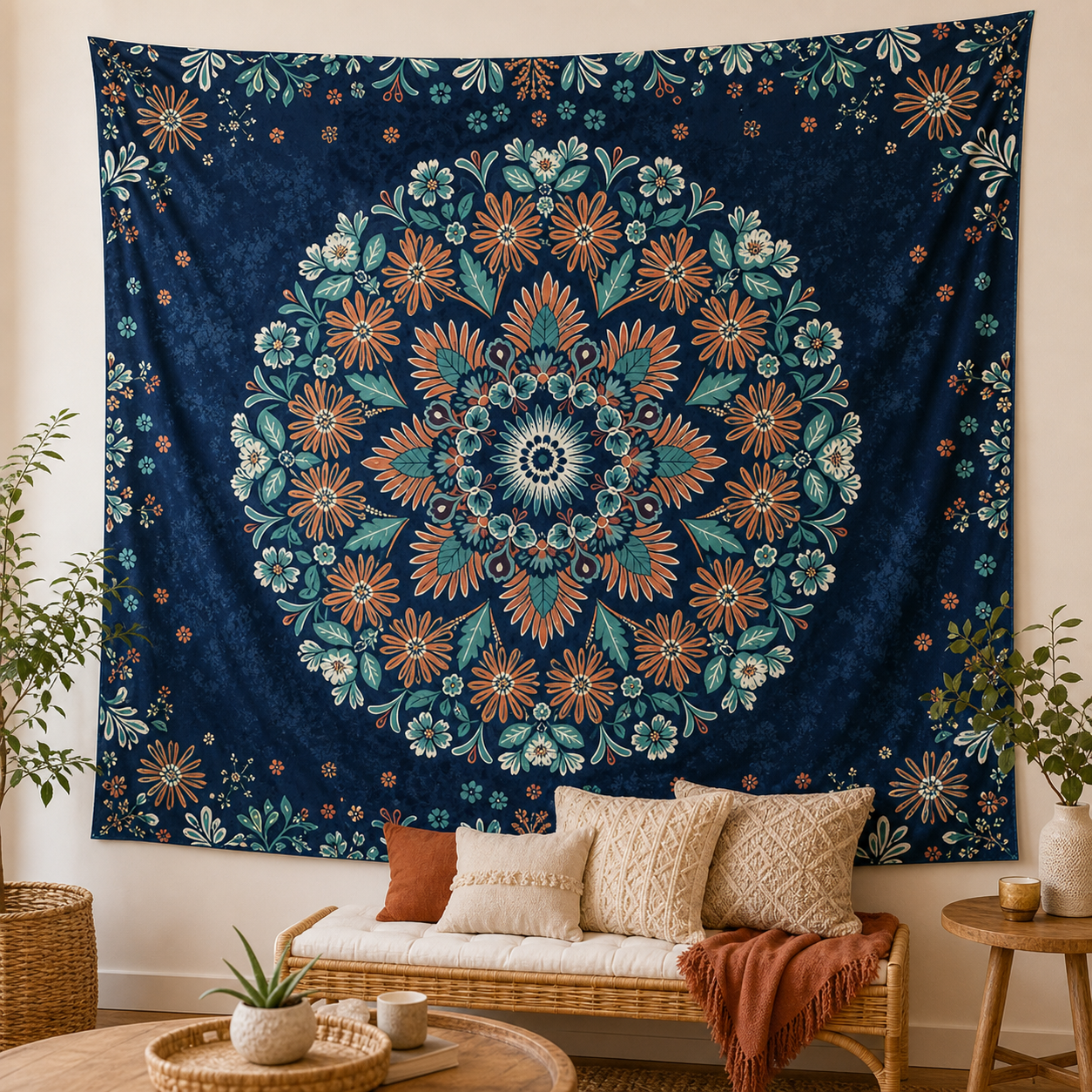 Cozy Haven Navy Floral Mandala Tapestry - living room wall view
